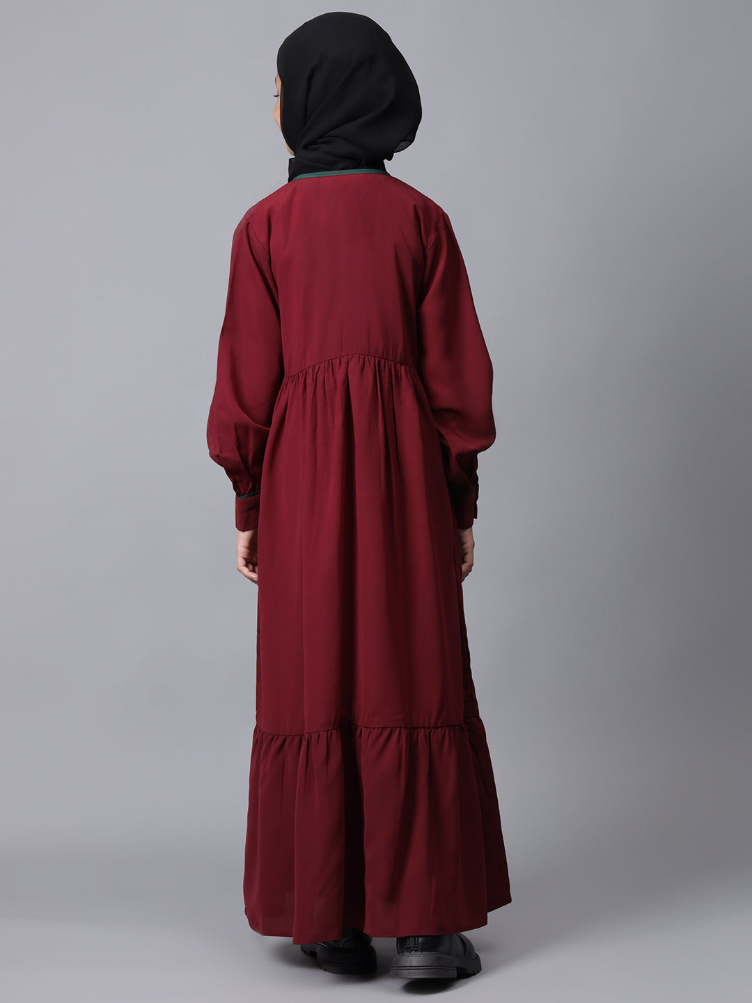 Embroidery Details Solid Maroon Modest Kids Abaya For Girls