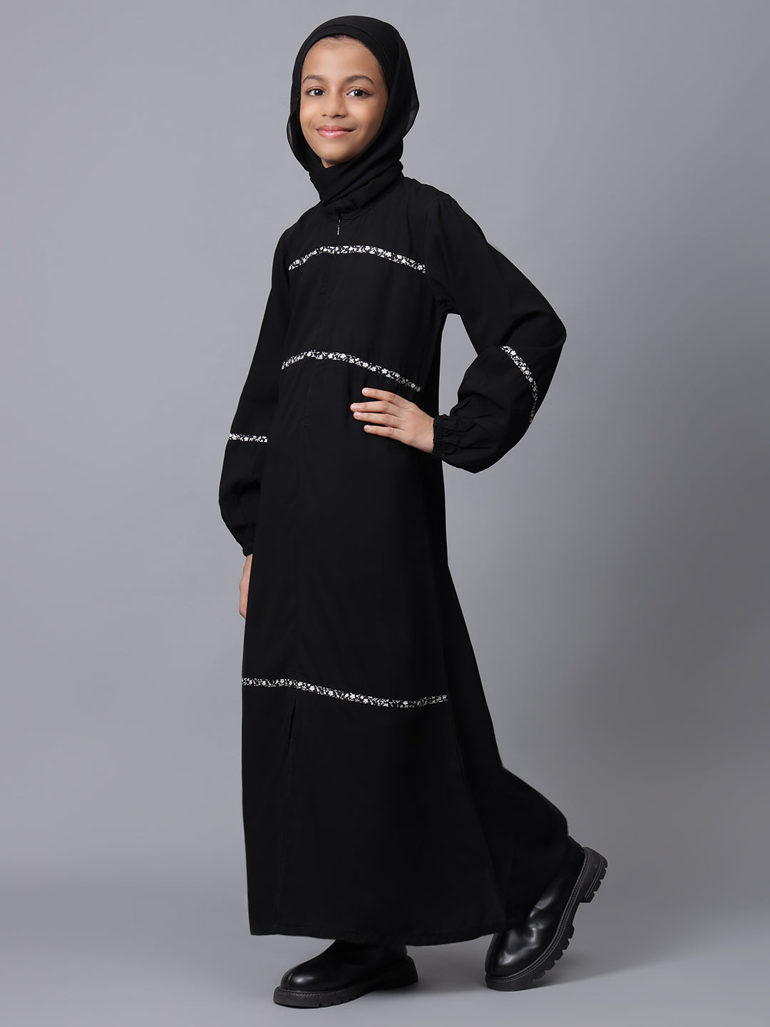 Nabia Black Solid Zip Closure Modest Kids Abaya For Girls