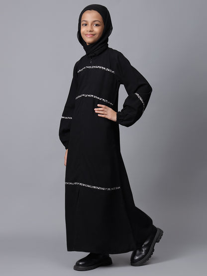 Nabia Black Solid Zip Closure Modest Kids Abaya For Girls