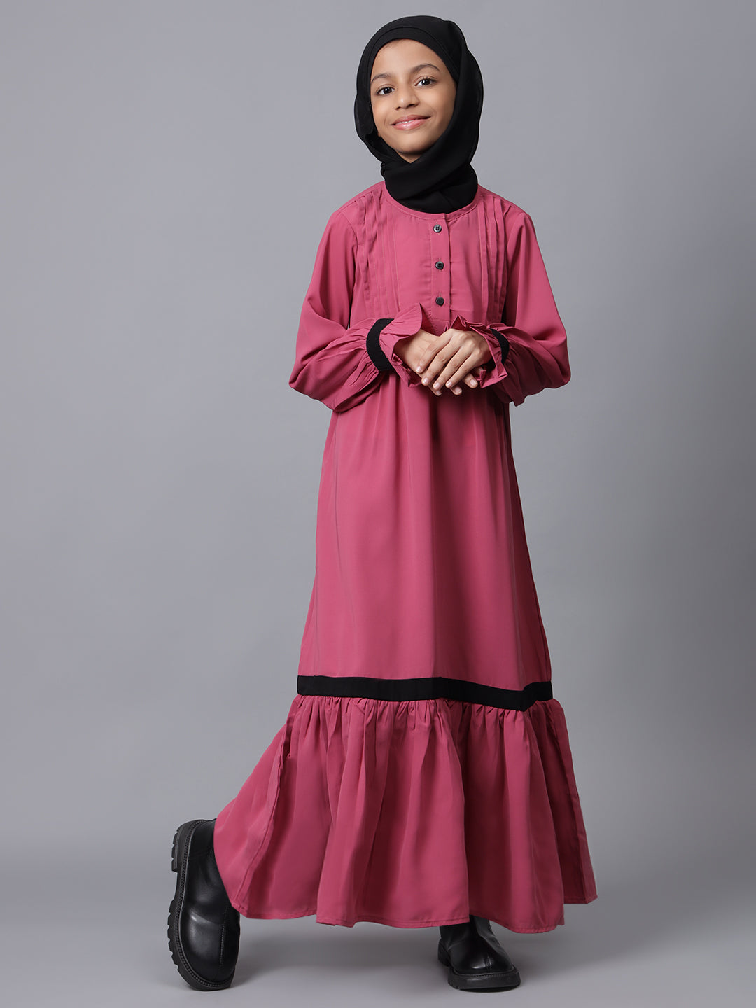 Nabia Pink Solid Round Neck Modest Kids Abaya For Girls