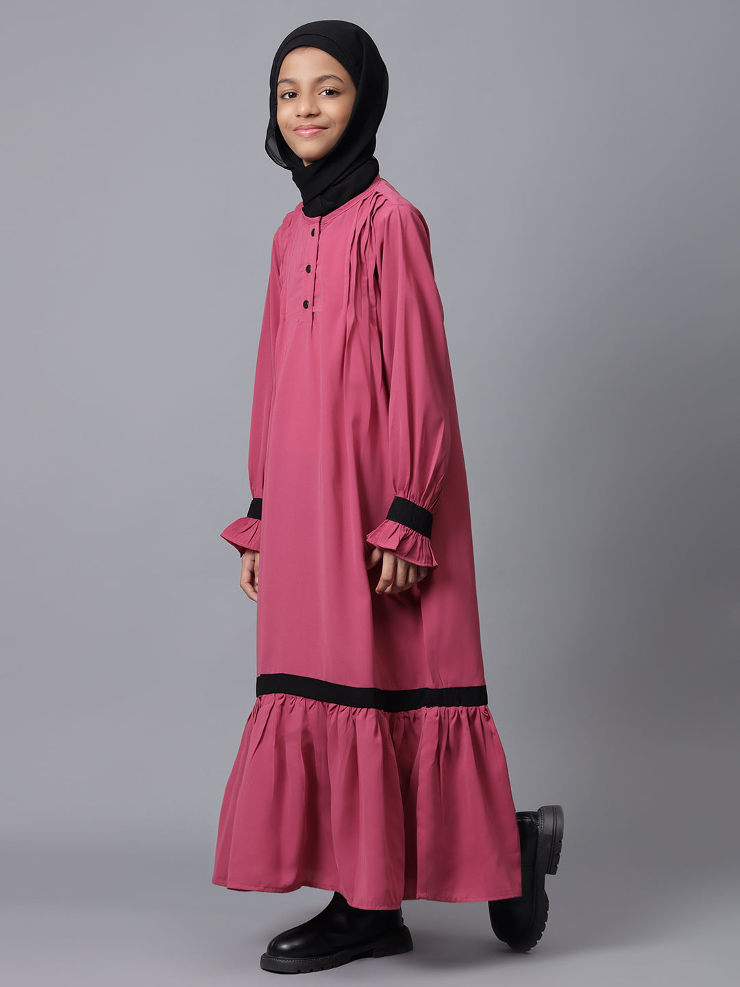 Nabia Pink Solid Round Neck Modest Kids Abaya For Girls