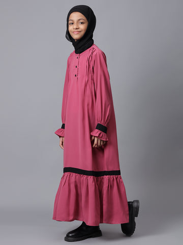 Nabia Pink Solid Round Neck Modest Kids Abaya For Girls