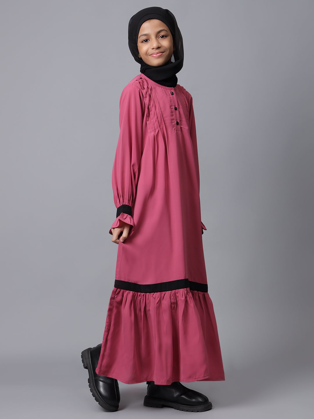 Nabia Pink Solid Round Neck Modest Kids Abaya For Girls