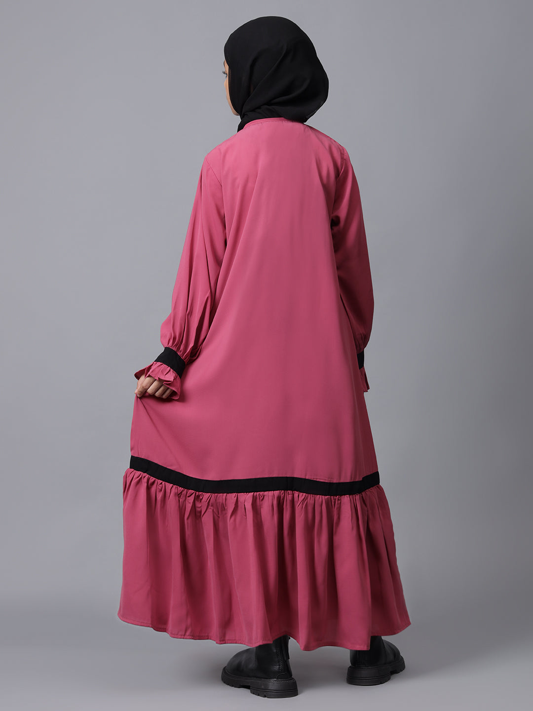 Nabia Pink Solid Round Neck Modest Kids Abaya For Girls