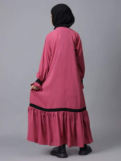 Nabia Pink Solid Round Neck Modest Kids Abaya For Girls