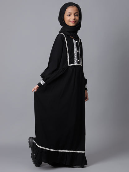 Black Solid Lace Detailing Modest Kids Abaya For Girls