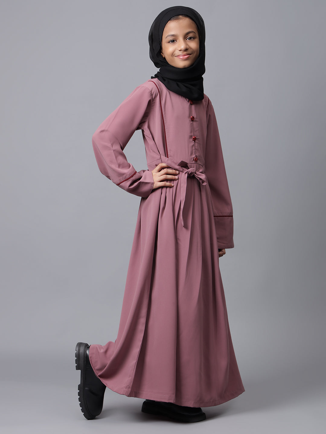 Nabia Puce Pink Solid Modest Kids Abaya For Girls