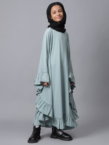 Sea Green Loose-fit Kaftan Abaya for Modest Kids Girls