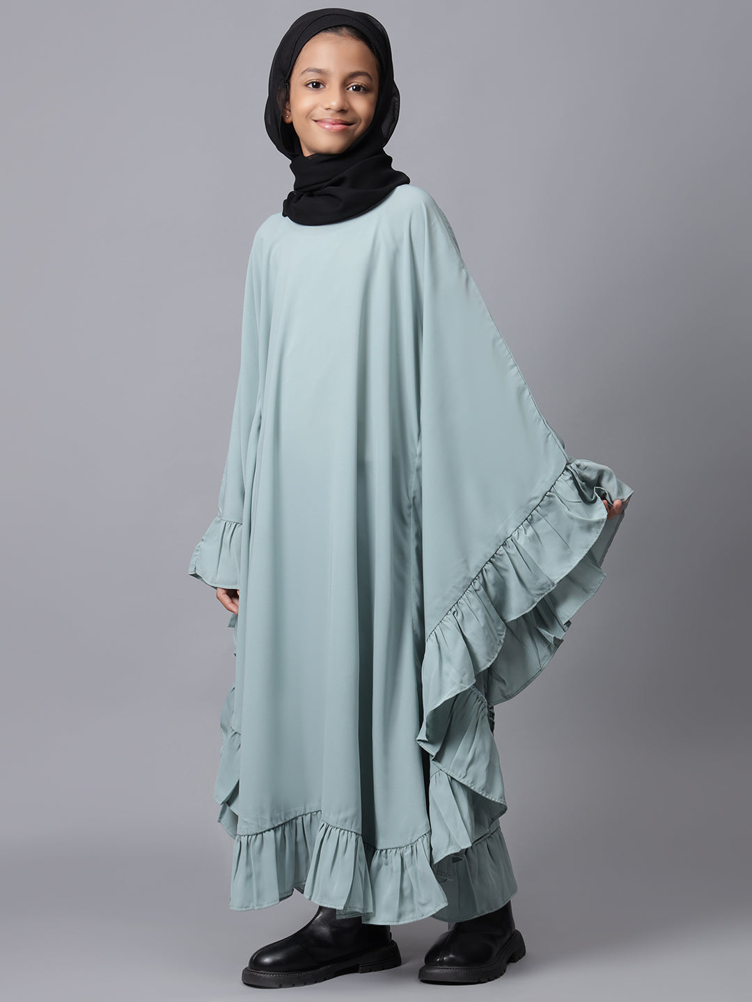 Sea Green Loose-fit Kaftan Abaya for Modest Kids Girls
