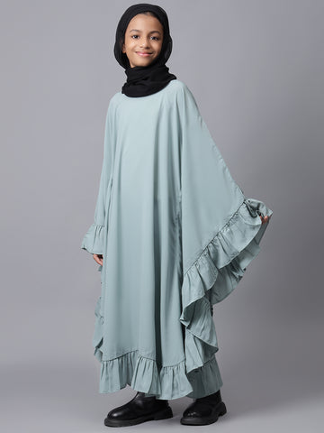 Sea Green Loose-fit Kaftan Abaya for Modest Kids Girls
