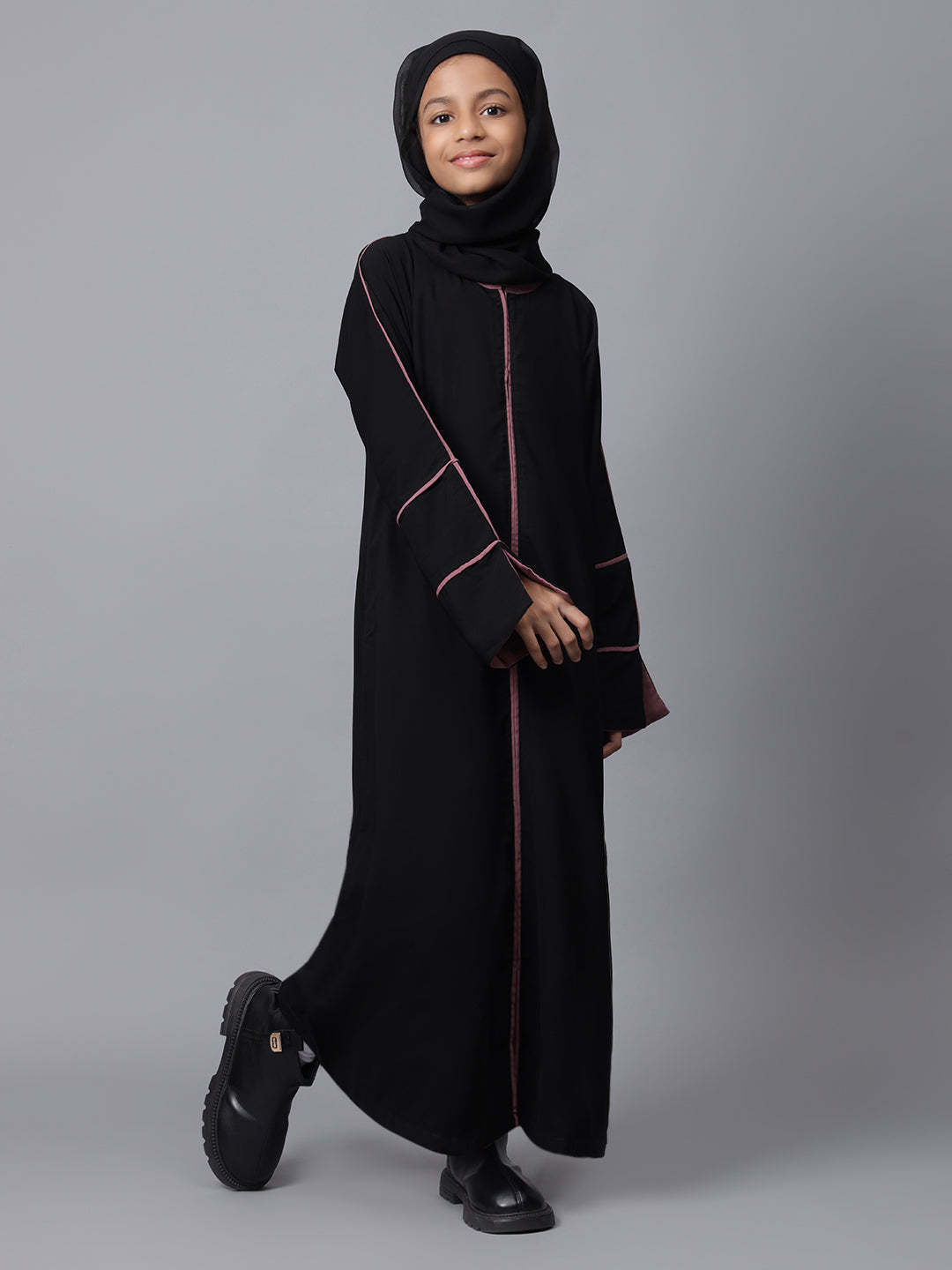 Nabia Black Solid Modest Kids A-line Abaya For Girls