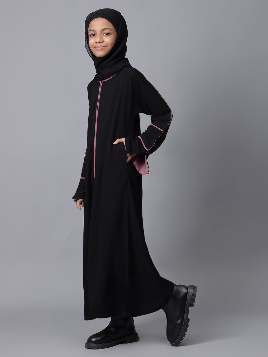 Nabia Black Solid Modest Kids A-line Abaya For Girls