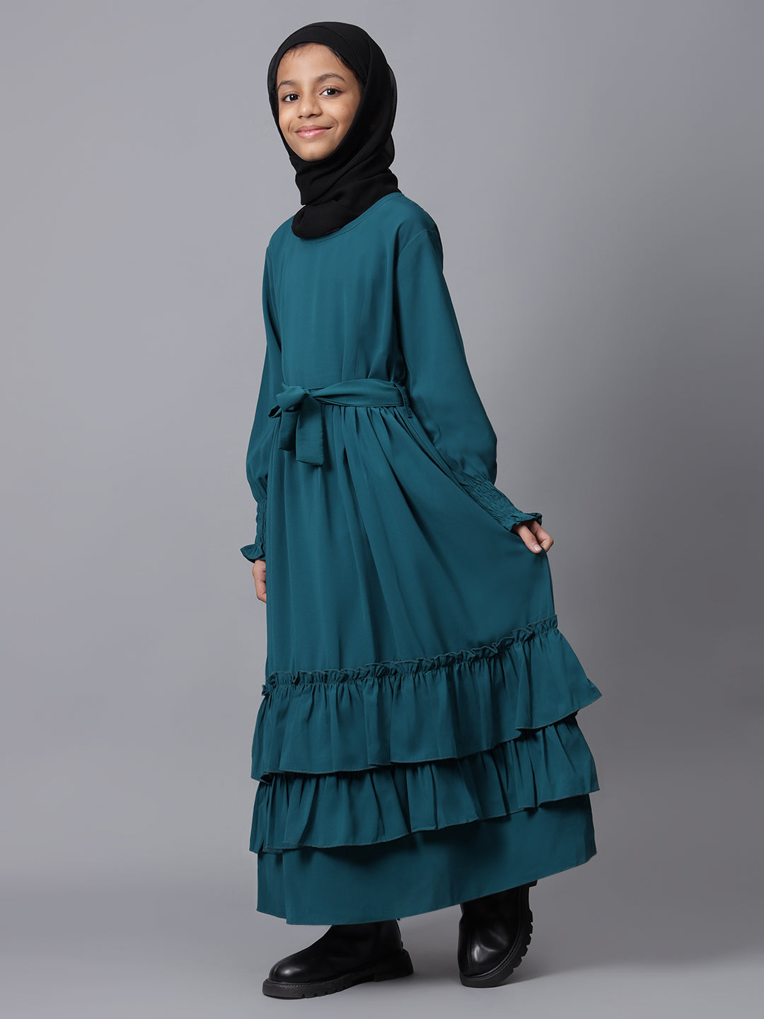 Nabia Bottle Green Frilled Abaya for Modest Kids Girls