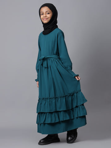 Nabia Bottle Green Frilled Abaya for Modest Kids Girls