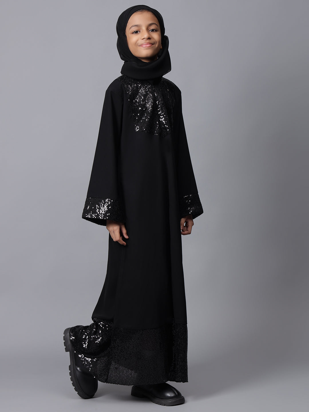 Nabia Black Sequin Detailing Solid Abaya for Modest Kids Girls