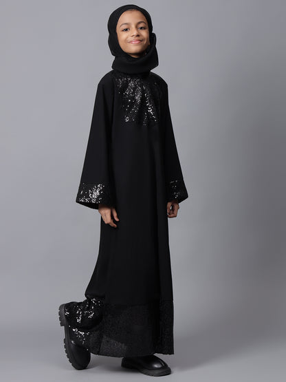 Nabia Black Sequin Detailing Solid Abaya for Modest Kids Girls