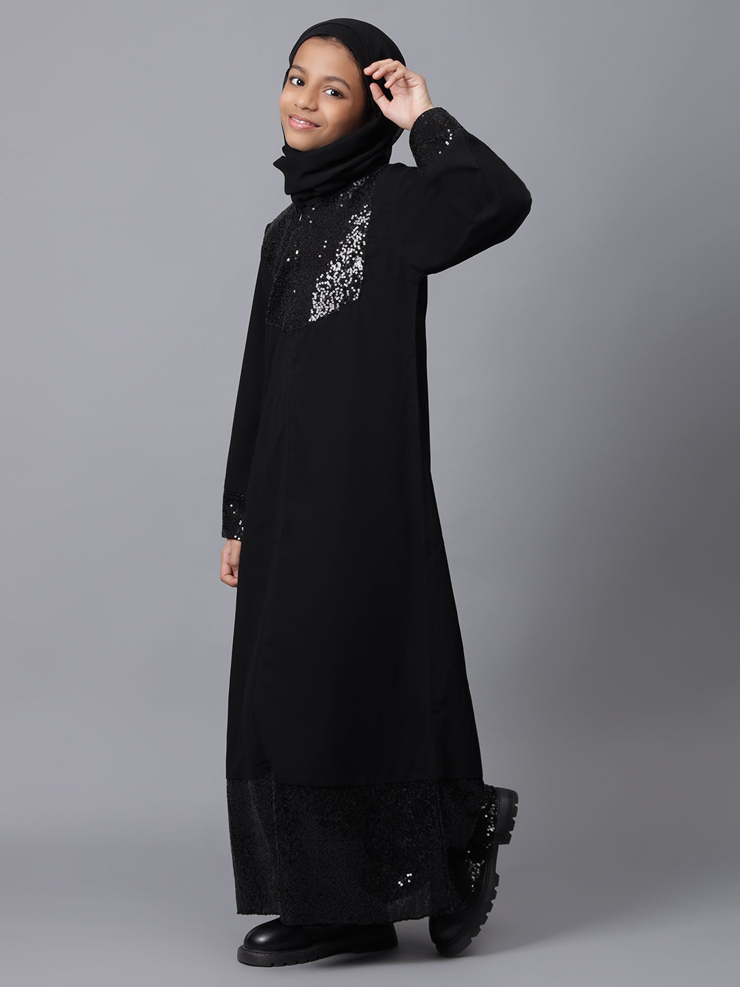 Nabia Black Sequin Detailing Solid Abaya for Modest Kids Girls