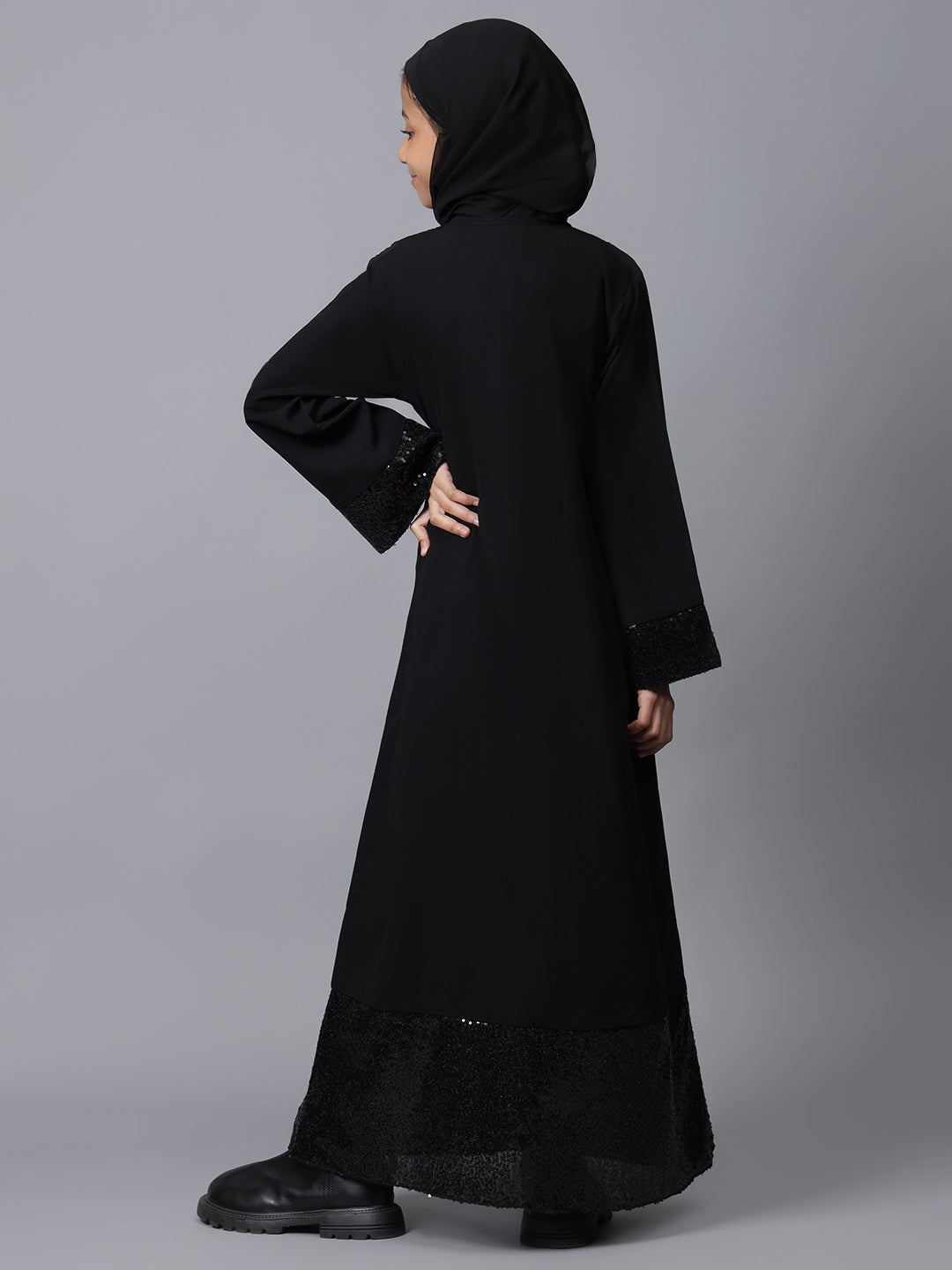 Nabia Black Sequin Detailing Solid Abaya for Modest Kids Girls