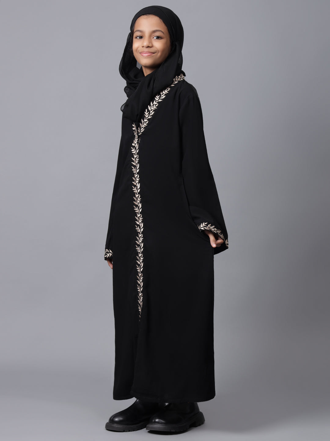 Embroidery Detailing Black Abaya for Kids Girls