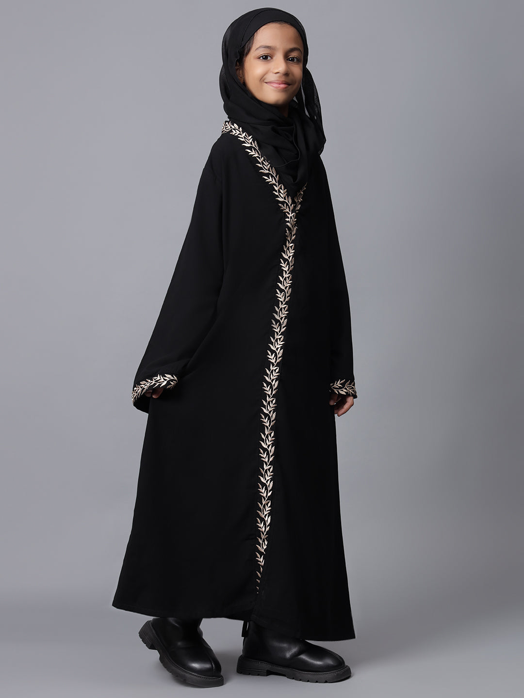 Embroidery Detailing Black Abaya for Kids Girls