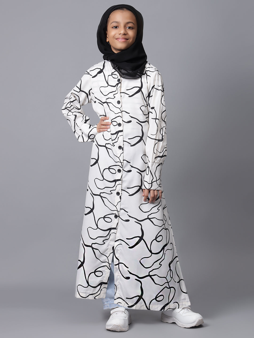 Nabia White Printed Front Open Abaya for Modest Kids Girls