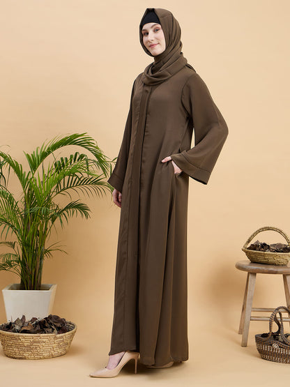 Oat (Khaki) Front Open Dubai Abaya Burqa with Matching Hijab