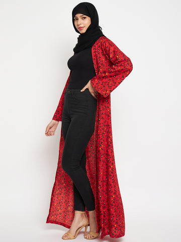 Nabia Women Red Floral Printed Front Open Shrug With Black Scarf