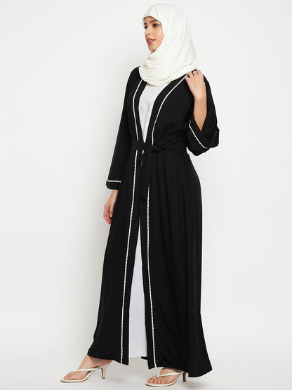 2 Piece Front Open Solid Lace Shrug Set Abaya with Black Georgette Scarf
