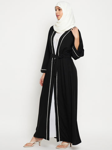 2 Piece Front Open Solid Lace Shrug Set Abaya with Black Georgette Scarf