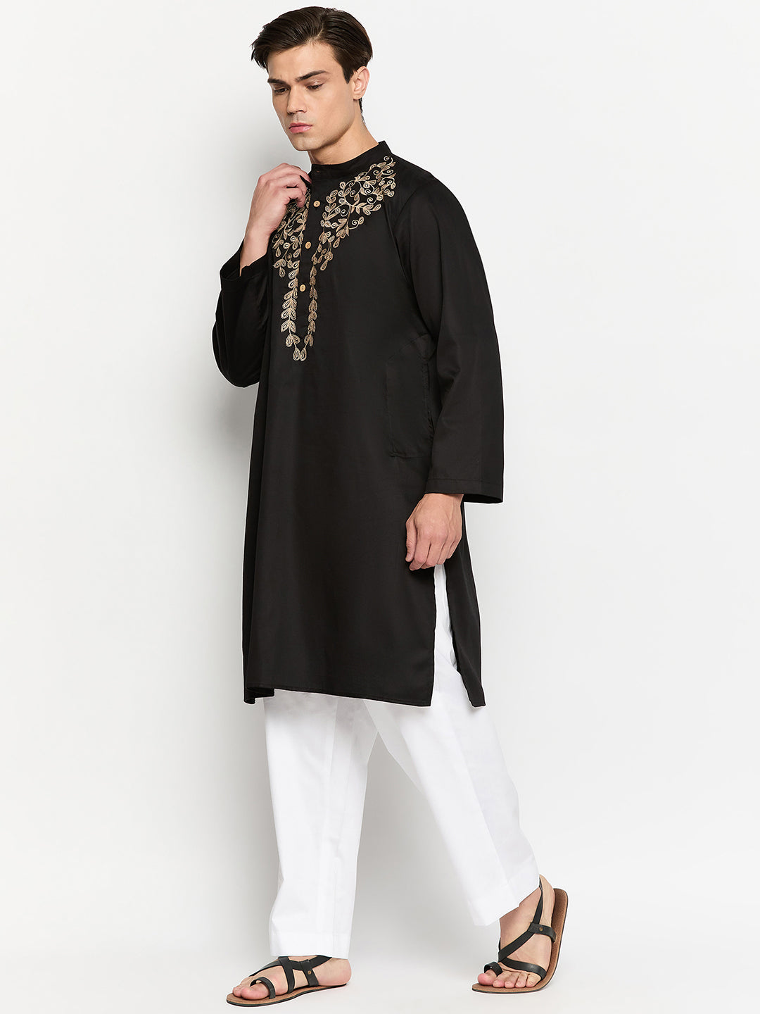 Black Men's Kurta Pajama Set with Embroidery Details