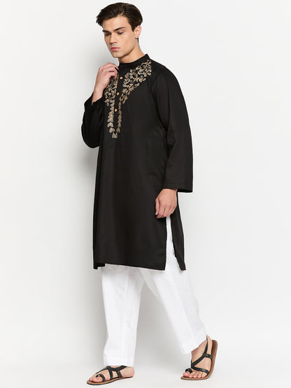 Black Men's Kurta Pajama Set with Embroidery Details