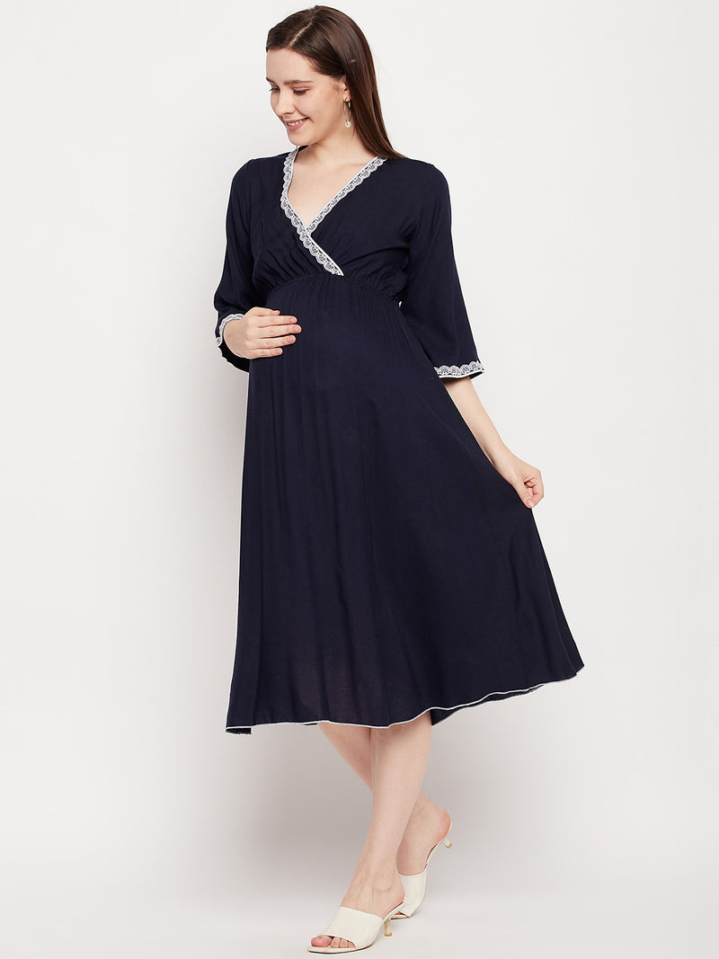 Nabia Women Blue Solid Pre and Post Pregnancy / Maternity Dress