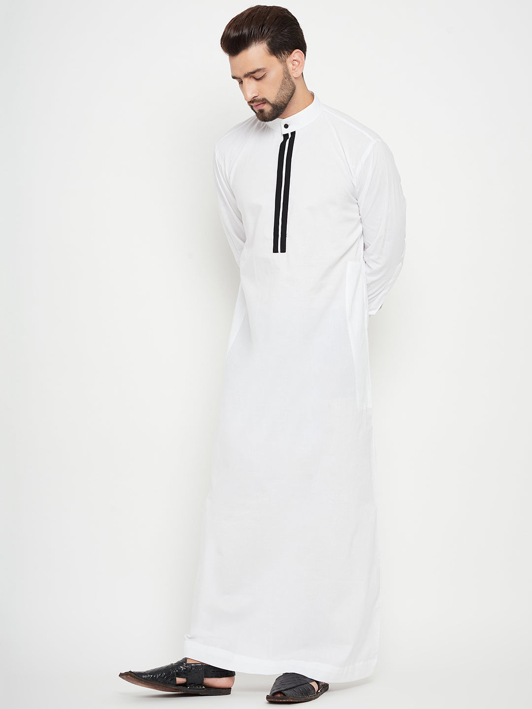 Nabia White Thobe/Jubba For Men with Black Piping Design