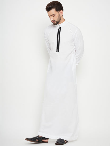 Nabia White Thobe/Jubba For Men with Black Piping Design