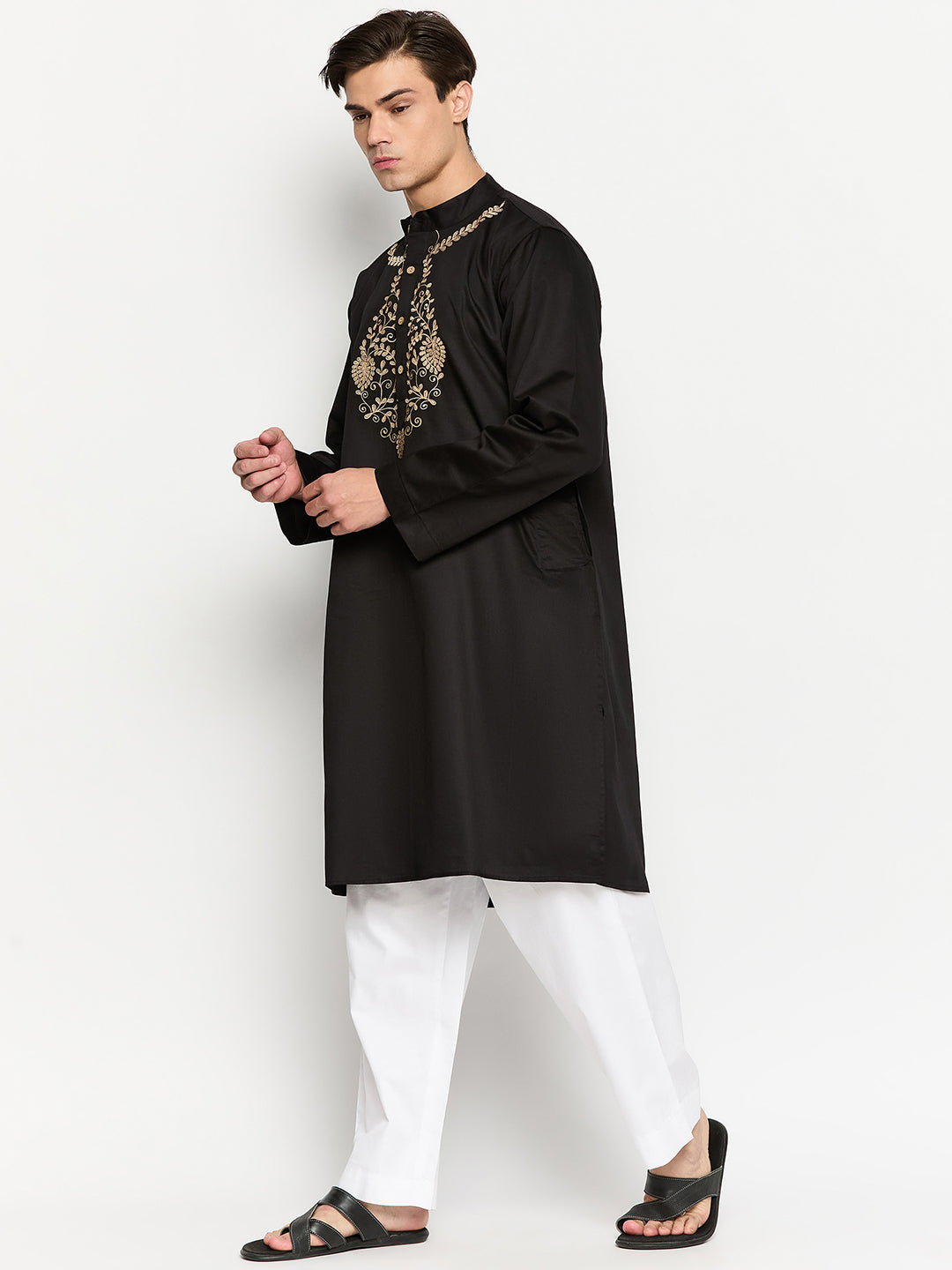 Embroidery Black Kurta and White Pajama Set
