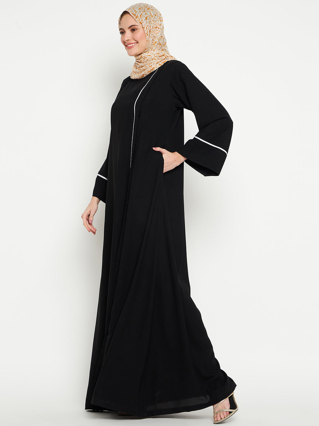 Nabia Women Black Side Open Aline Abaya Burqa for women Georgette Scarf