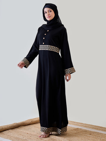 Embroidered Bell Sleeves Black Abaya Burqa With Black Georgette Hijab