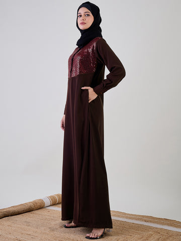 Nabia Women Embroidered Brown Abaya Burqa With Black Georgette Hijab