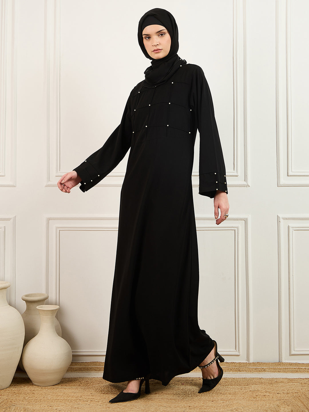 Nabia's Pearl design black Solid abaya burqa with Matching Georgette Hijab