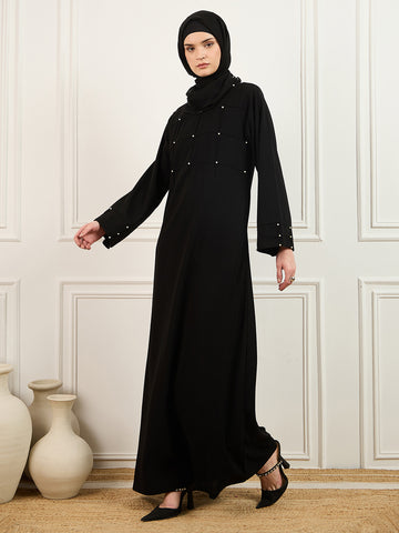 Nabia's Pearl design black Solid abaya burqa with Matching Georgette Hijab