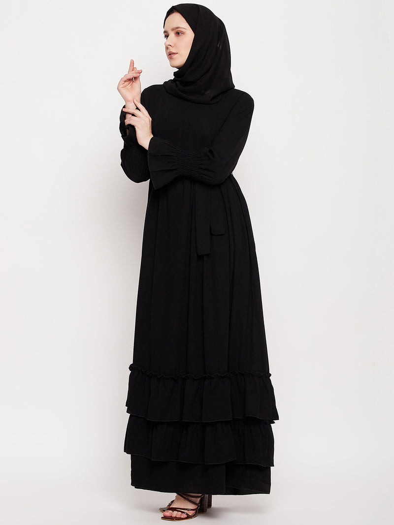 Nabia Women Black Frill Nida Matte Fabric Abaya Burqa With Black Georgette Scarf