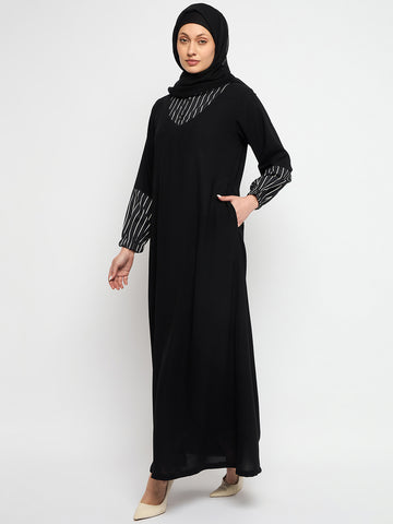 Black Nida Matte A_line Shirt Collar Abaya With Black Georgette Scarf