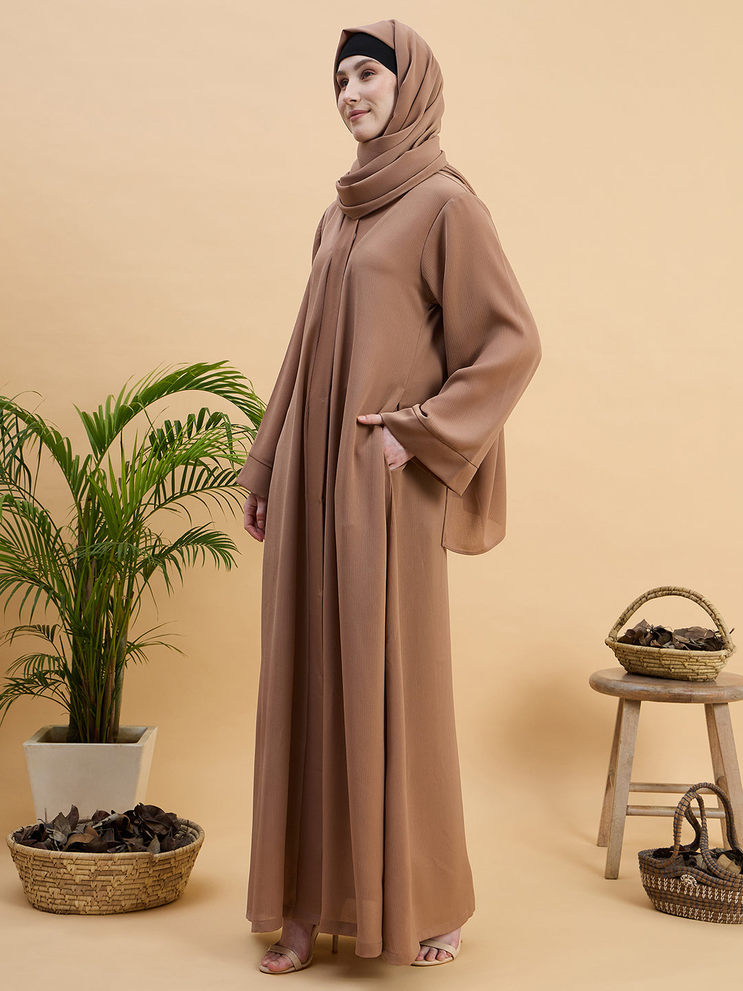 Beige Front Open Dubai Abaya Burqa with Matching Hijab