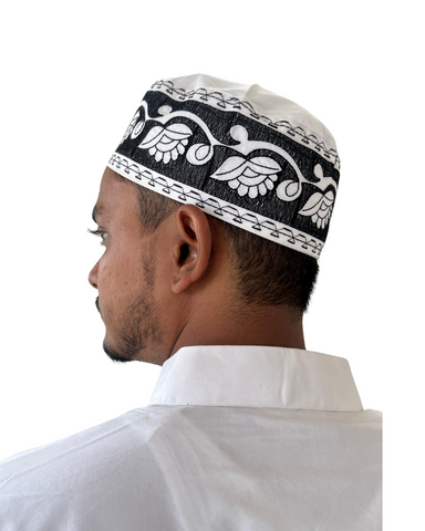 Men's White Cotton Embroidered Kufi Cap