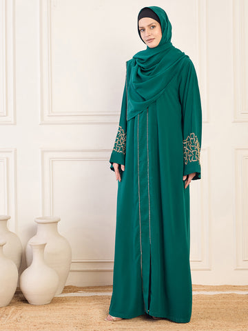 Nabia Bottle Green Solid Hand Work Detailing Luxury Abaya Burqa For Women With Matching Hijab