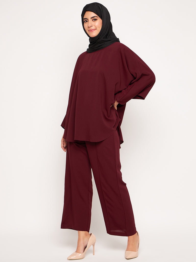Nabia Maroon Solid Round Neck Co-ord Set for Women