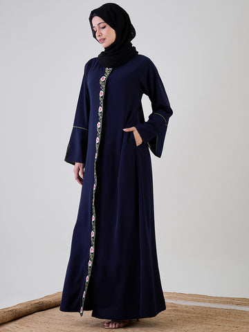 Nabia Women Front Open Embroidery Detailing Blue Abaya Burqa With Black Georgette Hijab