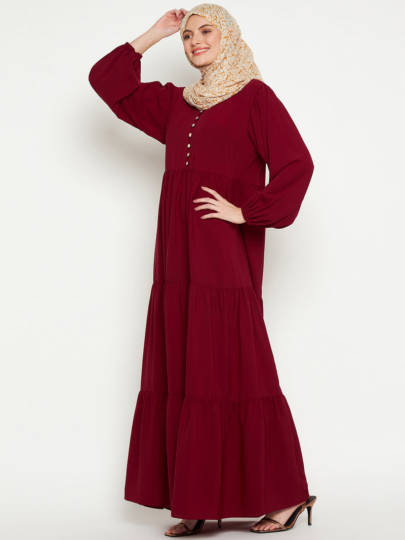 Nabia Women Maroon Solid Frilled Abaya Burqa With Black Georgette Scarf