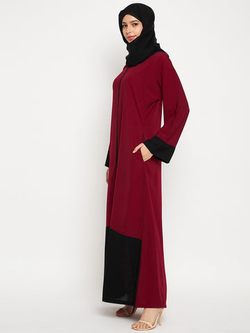Nabia Women Maroon and Black Solid  A-line Abaya Burqa With Black Scarf