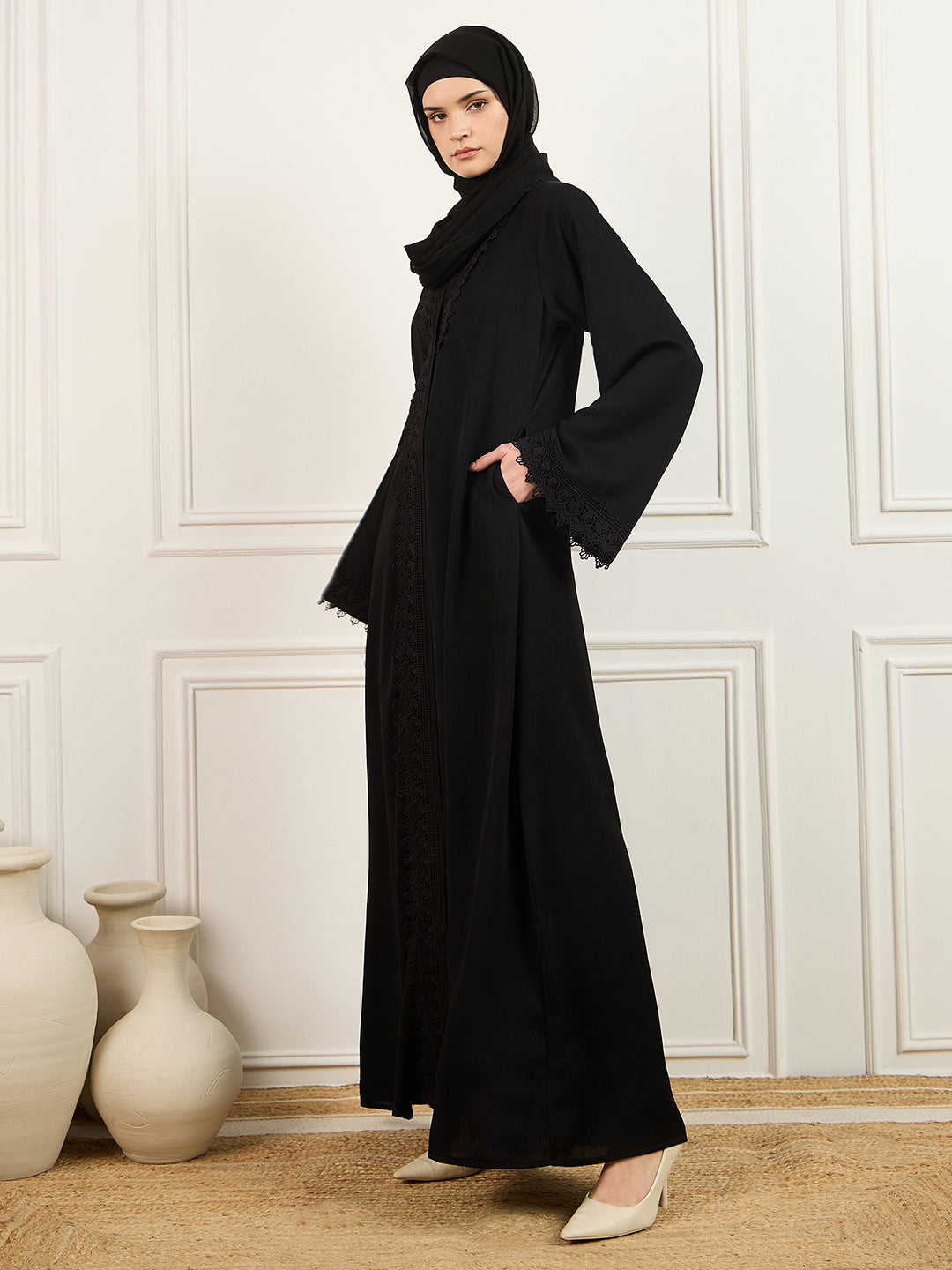 Black Lace abaya with Matching Georgette Hijab